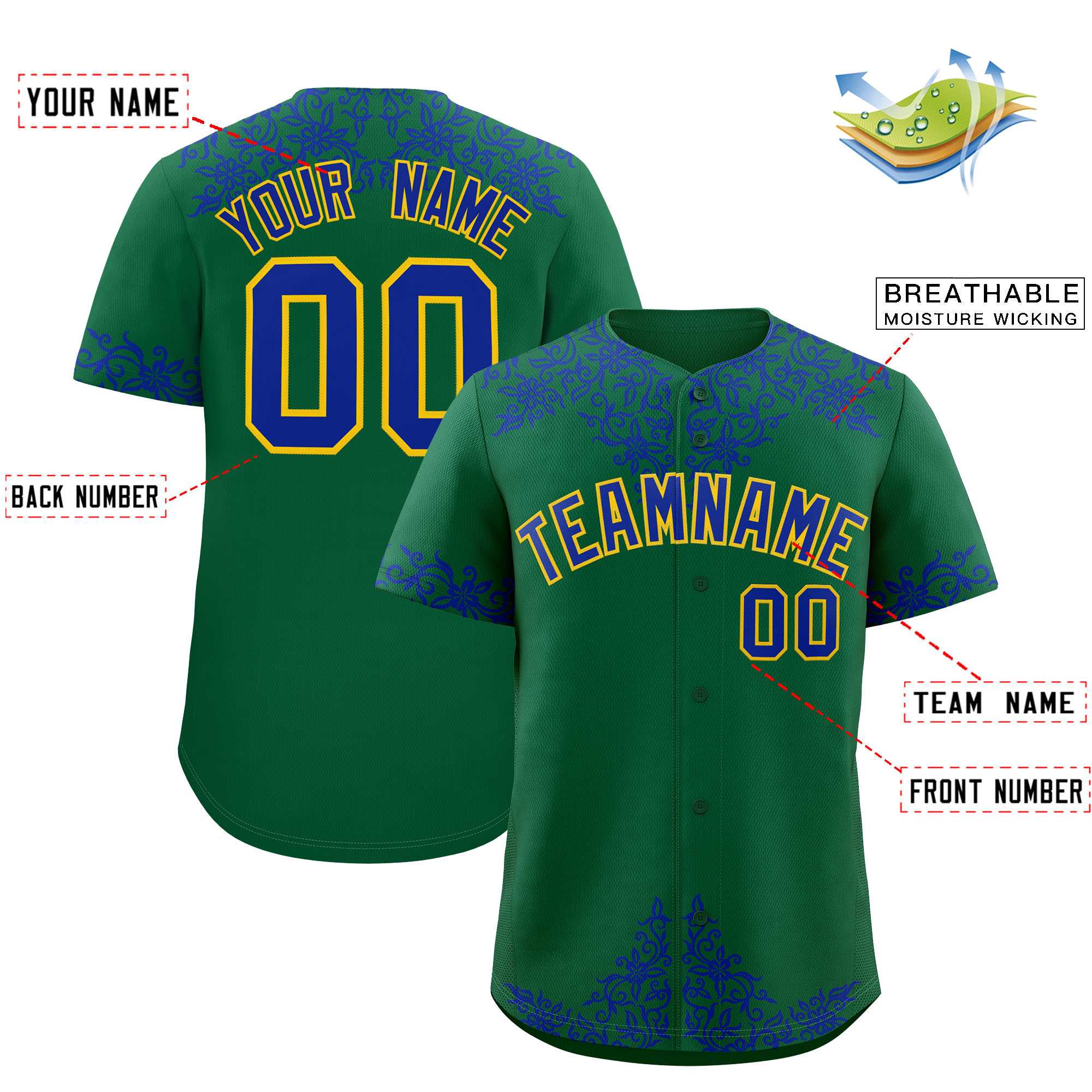 Custom Kelly Green Royal Baroque Style Personalized Baseball Jersey| KXKSHOP