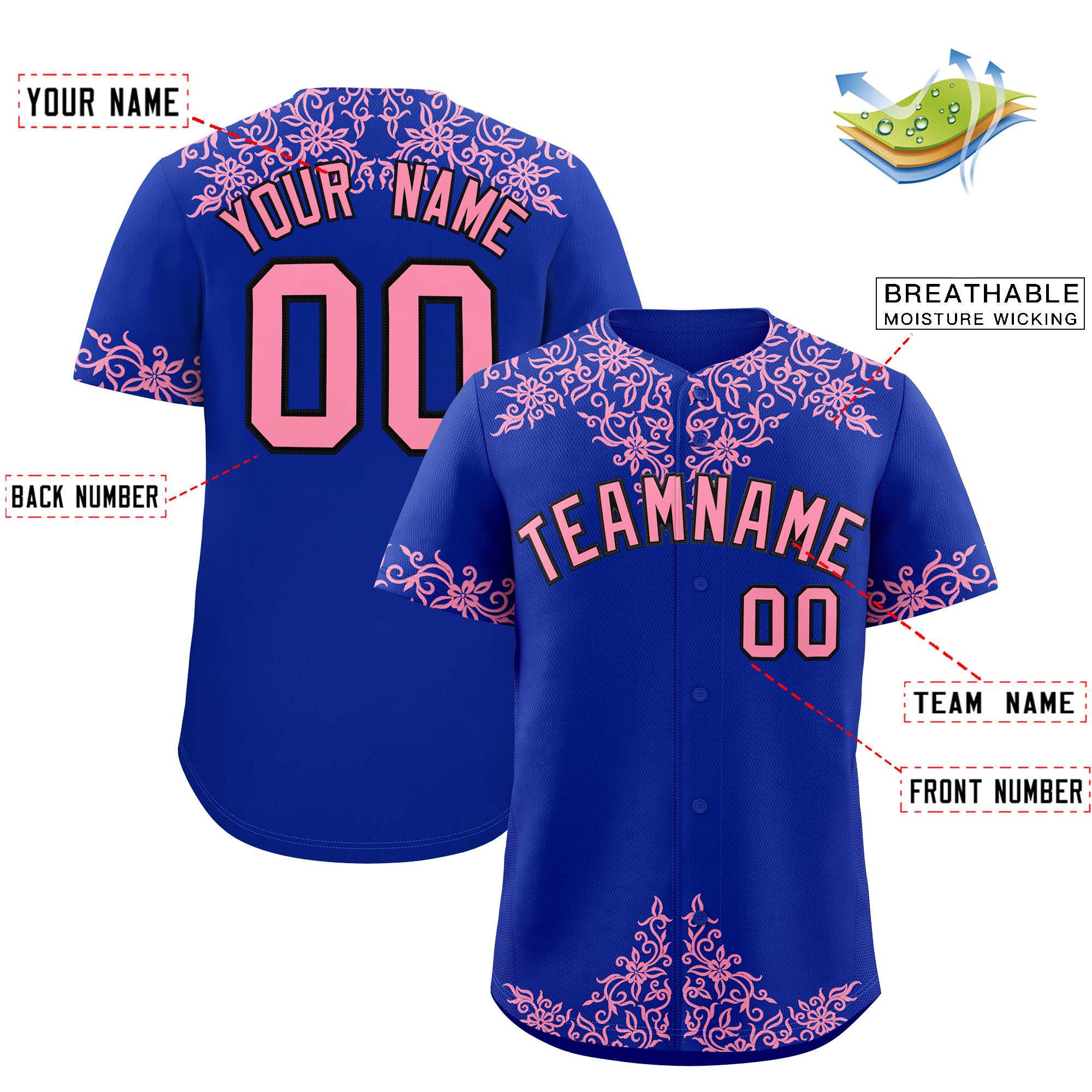 Custom Royal Light Pink Baroque Style Personalized Baseball Jersey| KXKSHOP