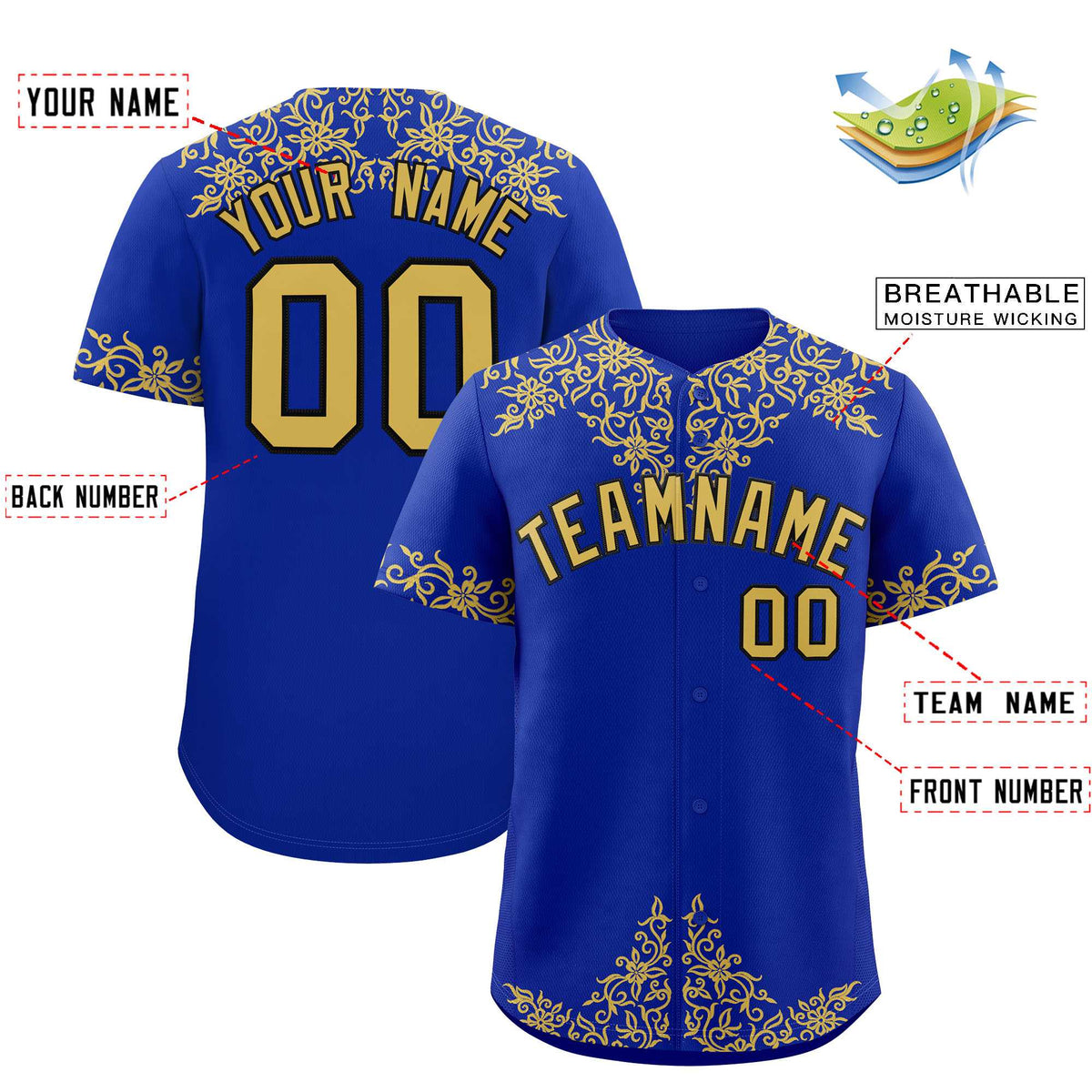 Custom Royal Old Gold Baroque Style Personalized Baseball Jersey| KXKSHOP