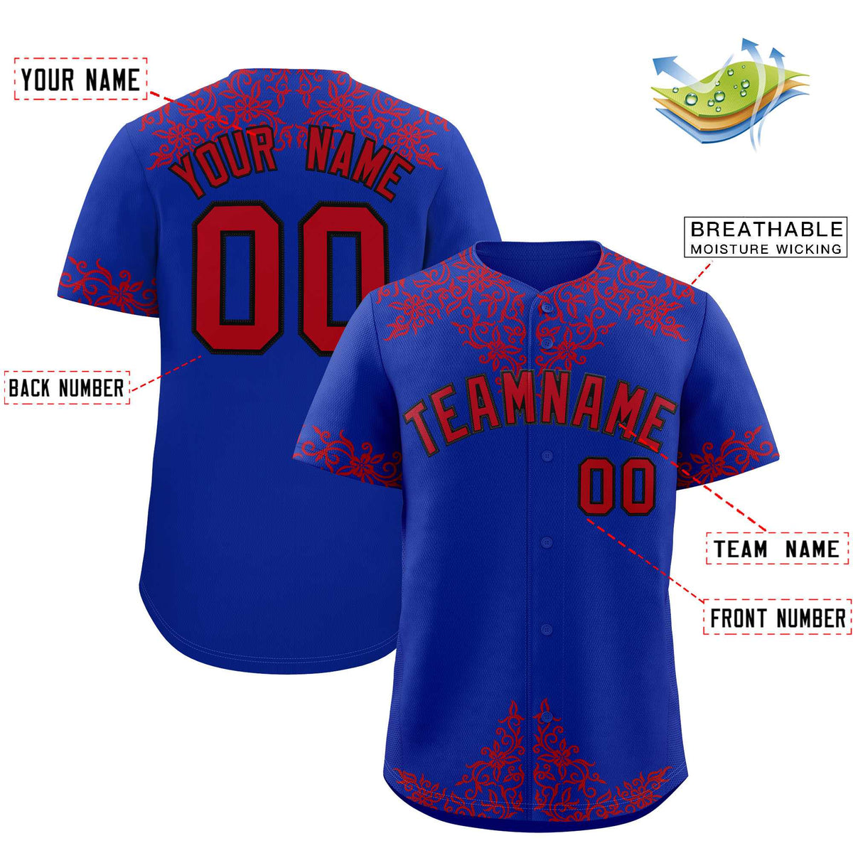 Custom Royal Red Baroque Style Personalized Baseball Jersey| KXKSHOP