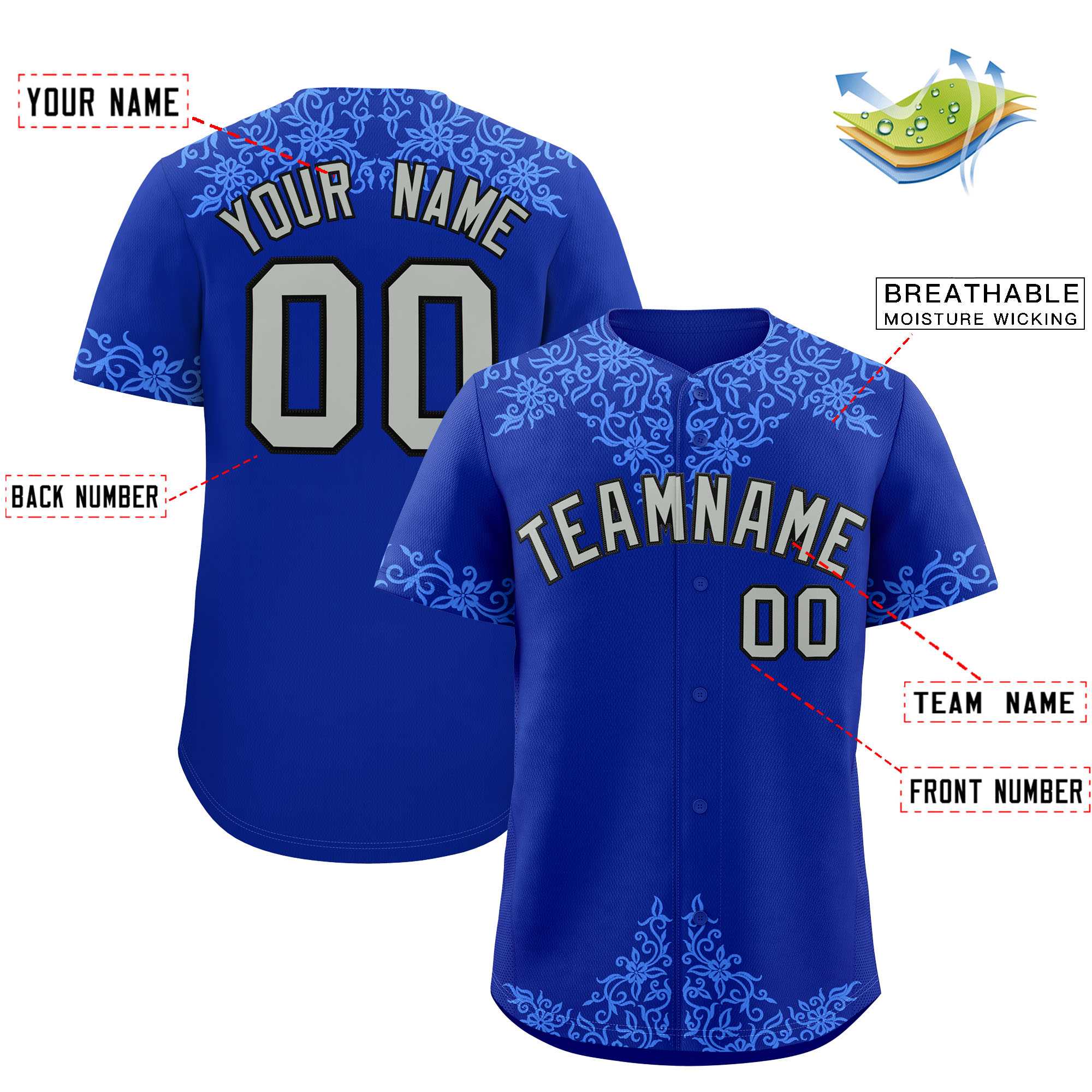 Custom Royal Powder Blue Baroque Style Personalized Baseball Jersey| KXKSHOP
