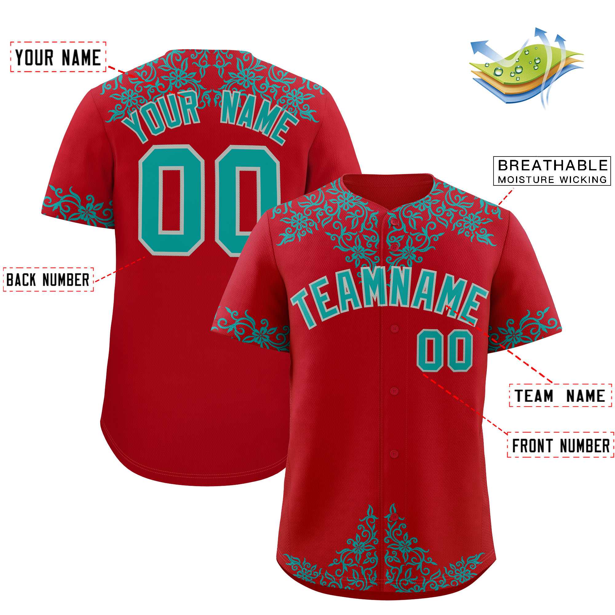 Custom Red Teal Baroque Style Personalized Baseball Jersey| KXKSHOP