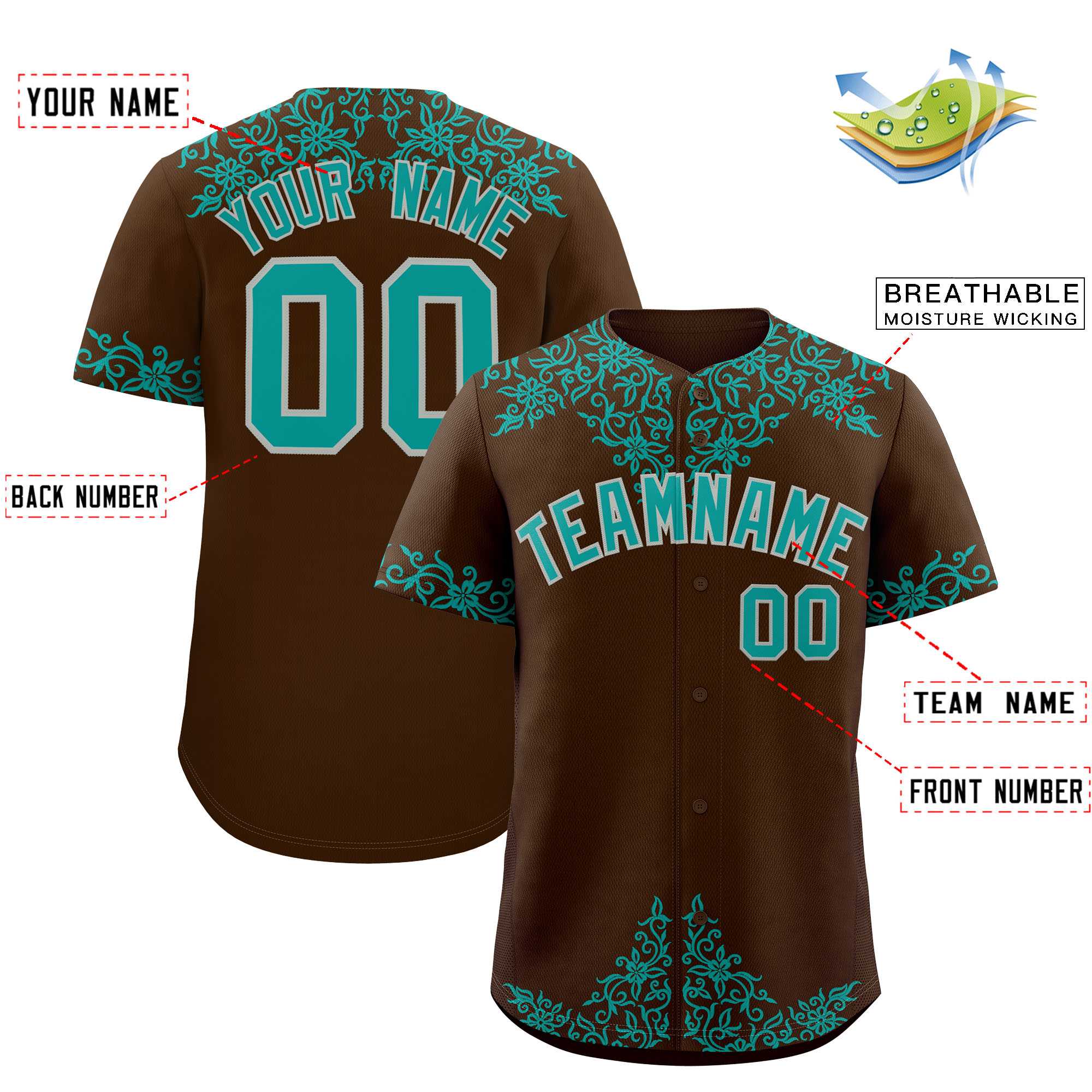 Custom Brown Teal Baroque Style Personalized Baseball Jersey| KXKSHOP