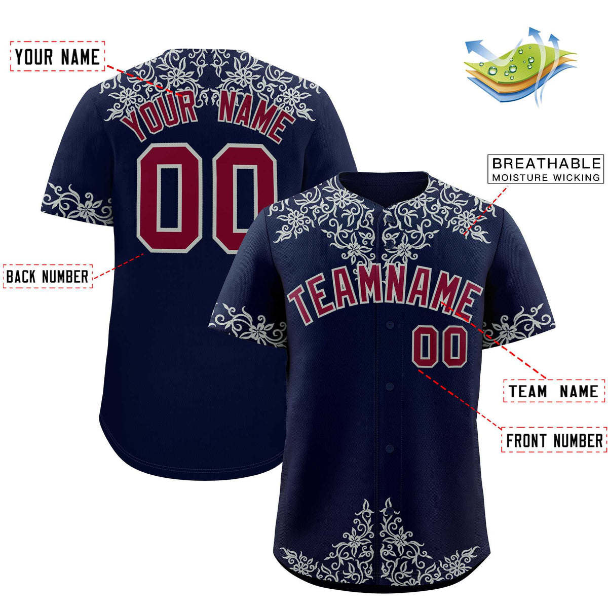 Custom Navy Silver Baroque Style Personalized Baseball Jersey| KXKSHOP