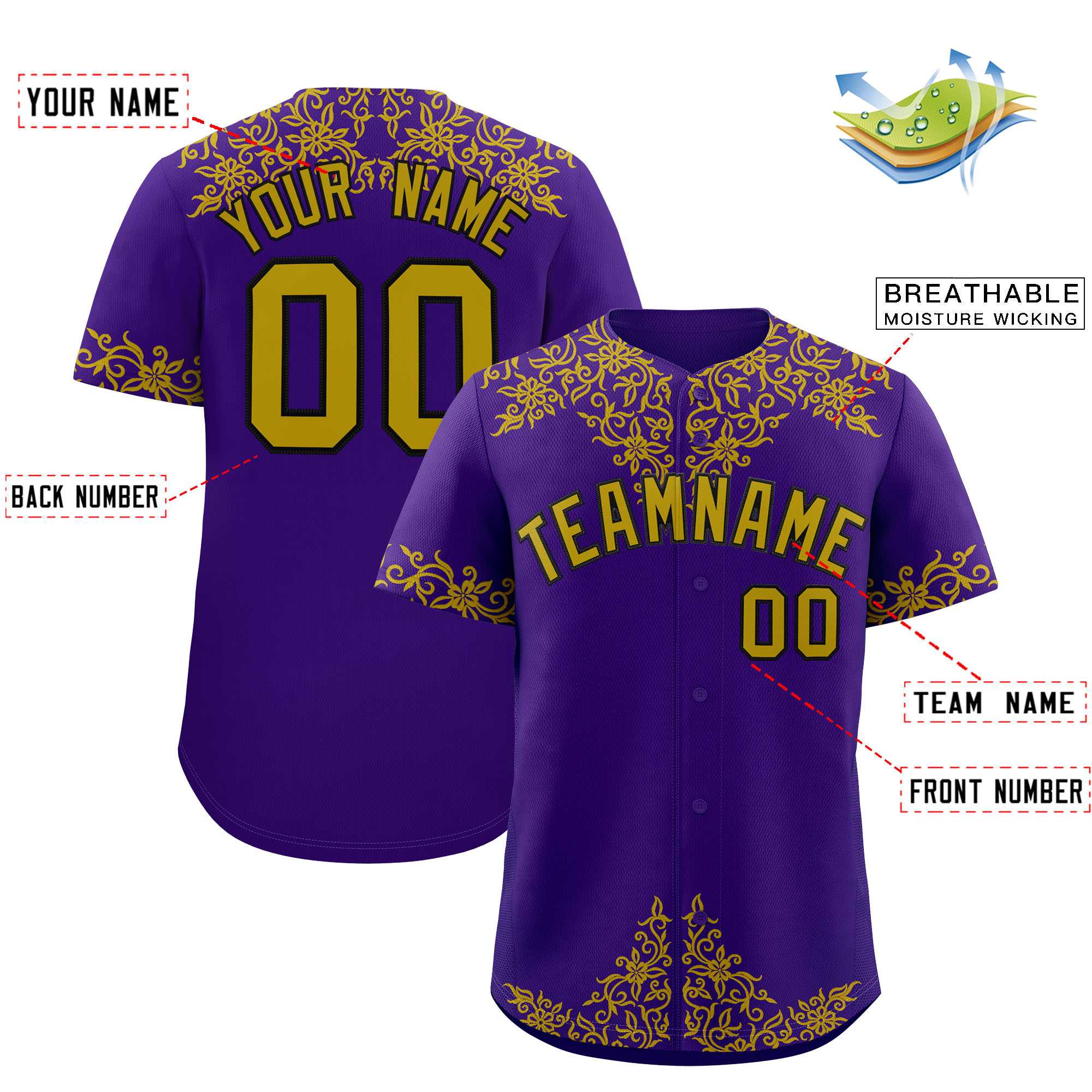 Custom Purple Old Gold Baroque Style Personalized Baseball Jersey| KXKSHOP