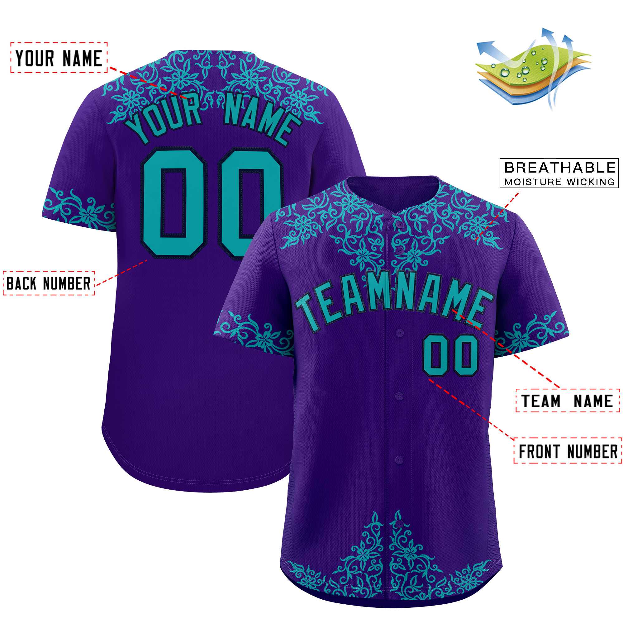 Custom Purple Aqua Baroque Style Personalized Baseball Jersey| KXKSHOP