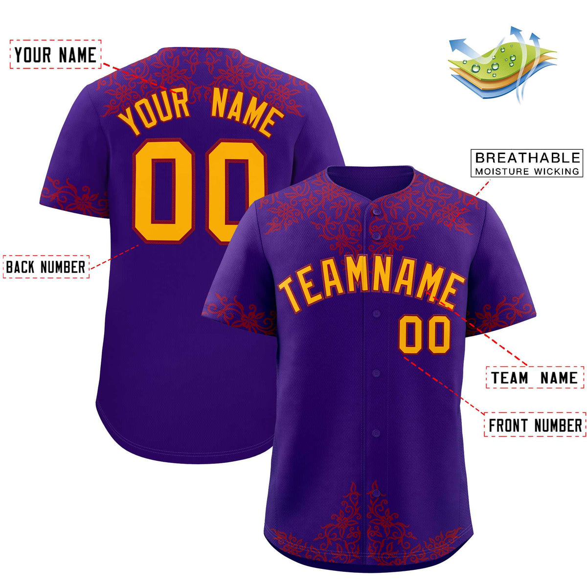 Custom Purple Crimson Baroque Style Personalized Baseball Jersey| KXKSHOP