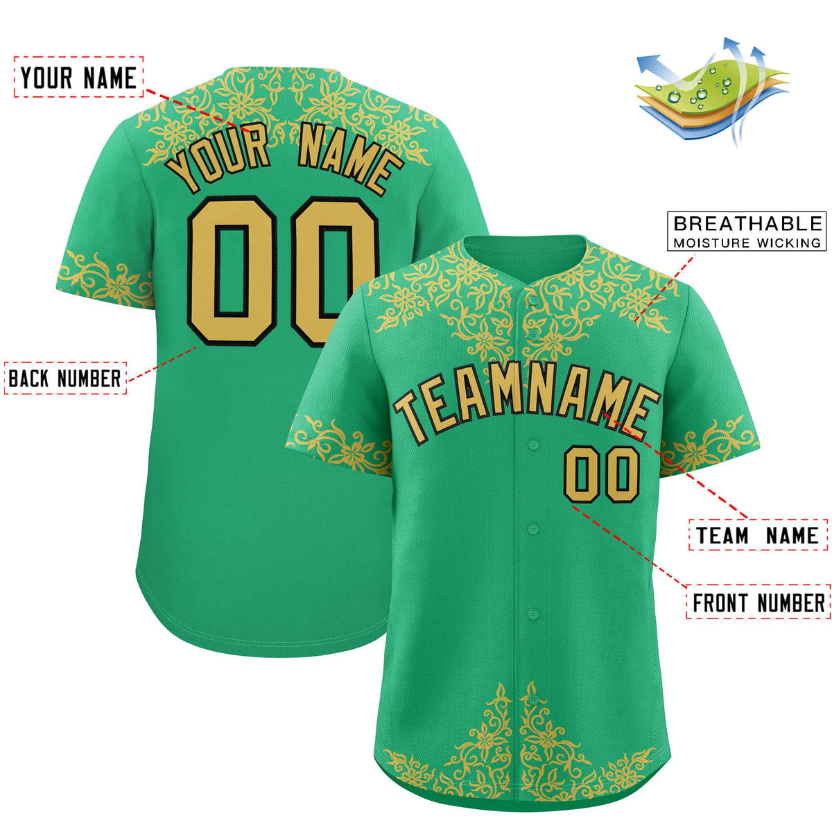 Custom Bright Green Old Gold Baroque Style Personalized Baseball Jersey| KXKSHOP