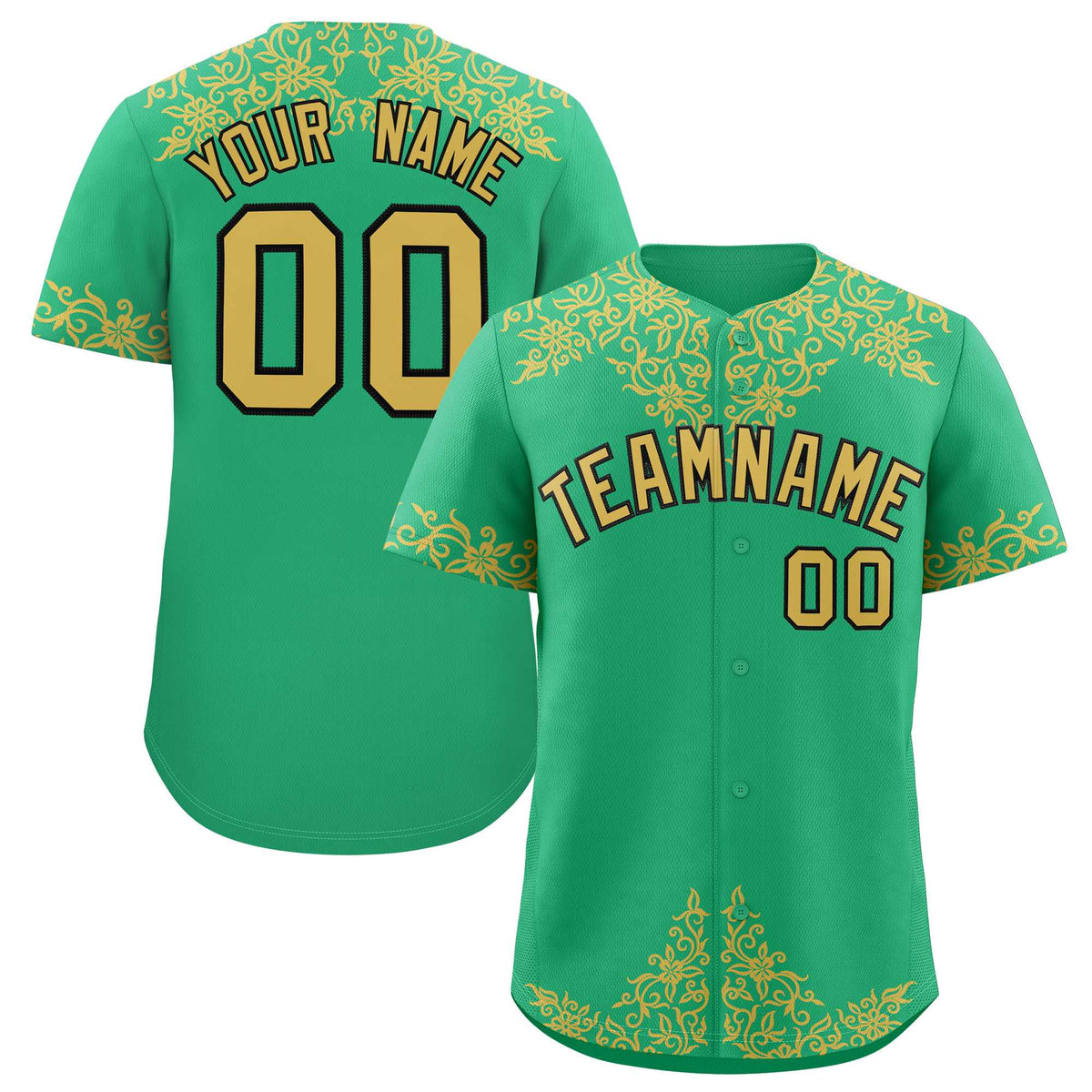 Custom Bright Green Old Gold Baroque Style Personalized Baseball Jersey| KXKSHOP