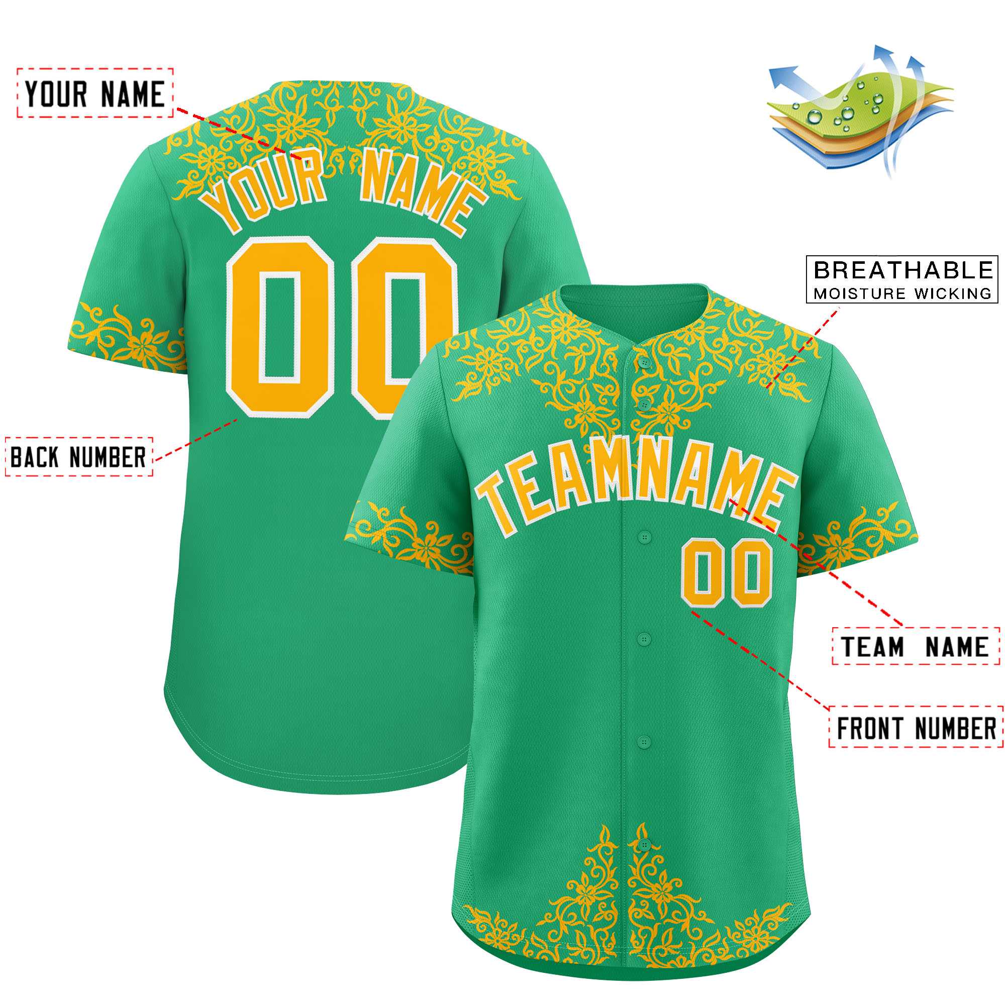Custom Bright Green Gold Baroque Style Personalized Baseball Jersey| KXKSHOP