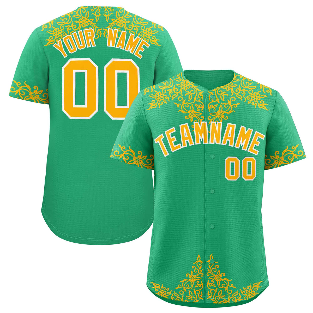Custom Bright Green Gold Baroque Style Personalized Baseball Jersey| KXKSHOP