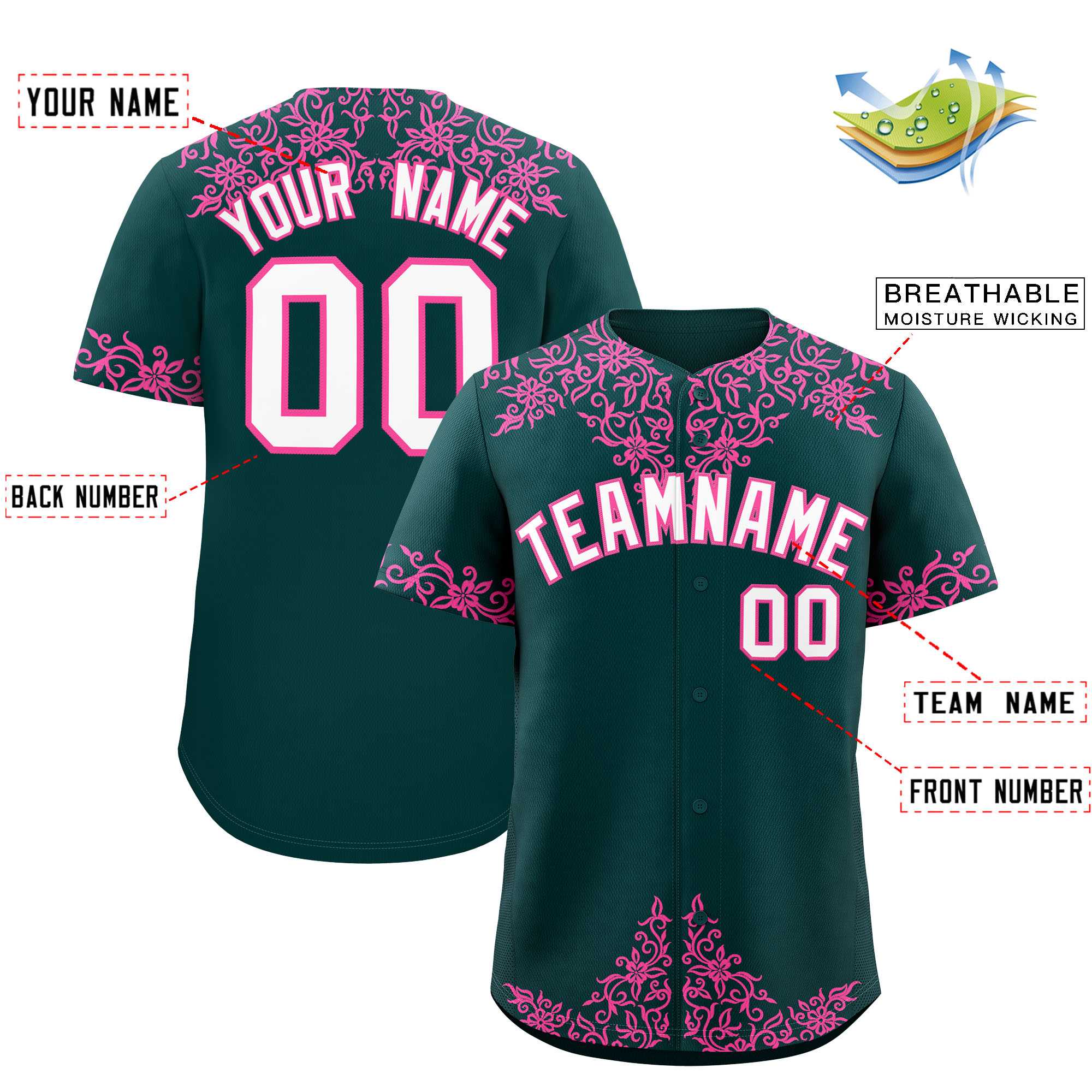 Custom Midnight Green Pink Baroque Style Personalized Baseball Jersey| KXKSHOP