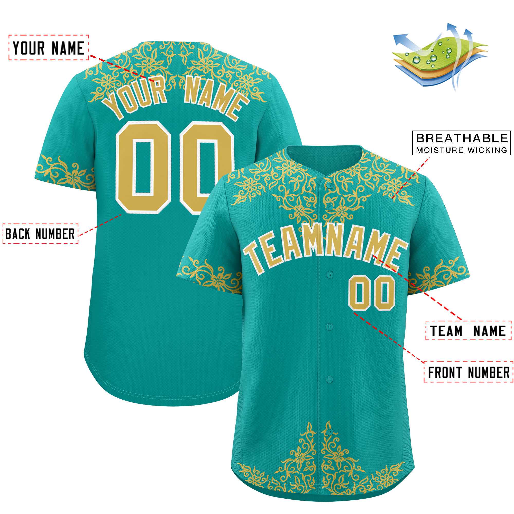 Custom Aqua Old Gold Baroque Style Personalized Baseball Jersey| KXKSHOP