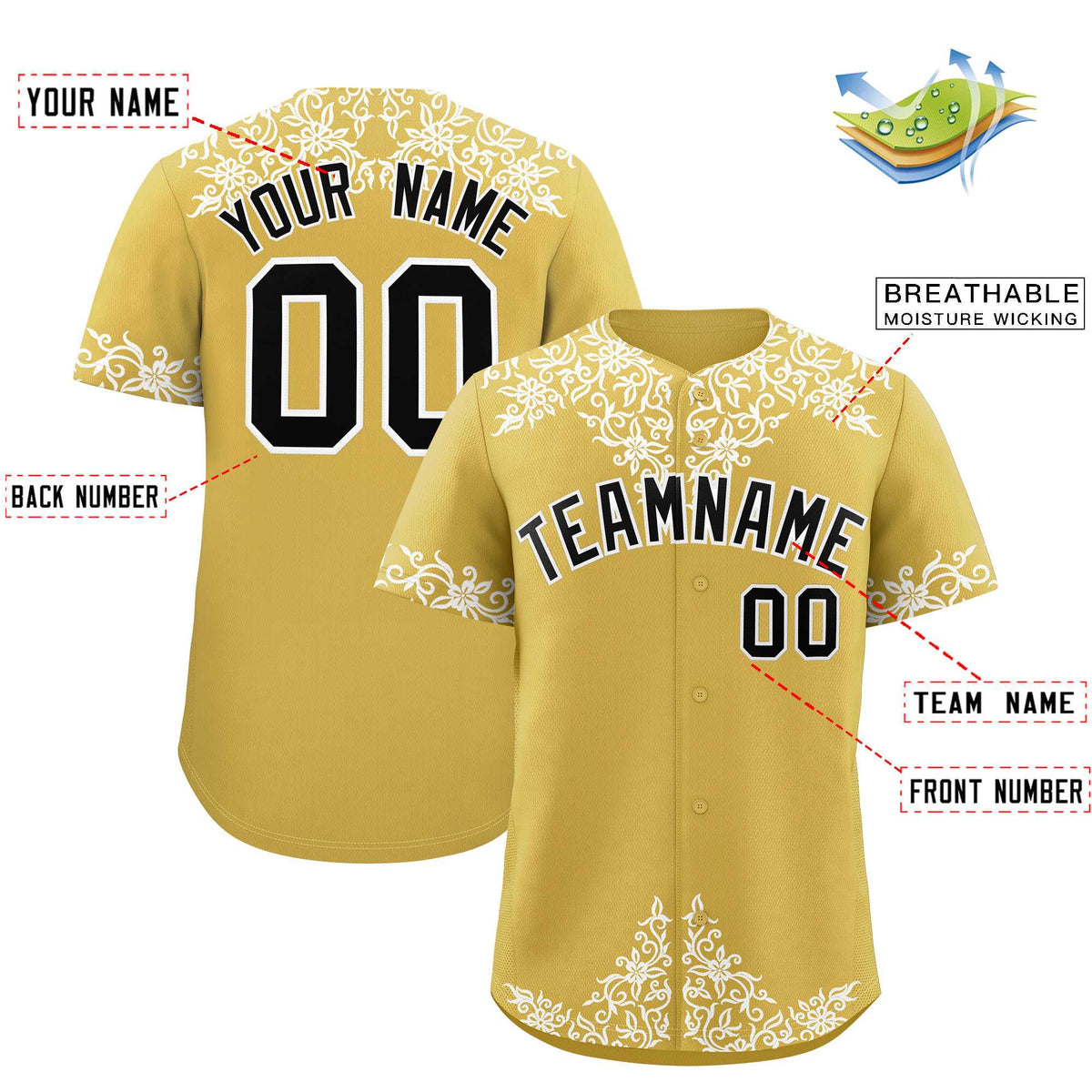 Custom Old Gold White Baroque Style Personalized Baseball Jersey| KXKSHOP