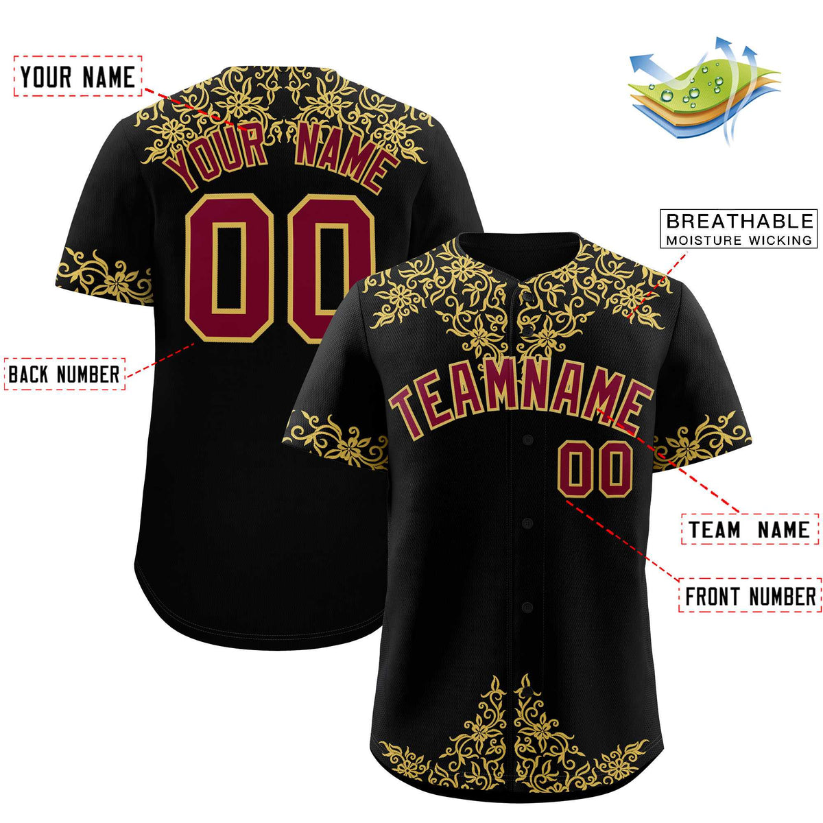 Custom Black Old Gold Baroque Style Personalized Baseball Jersey| KXKSHOP