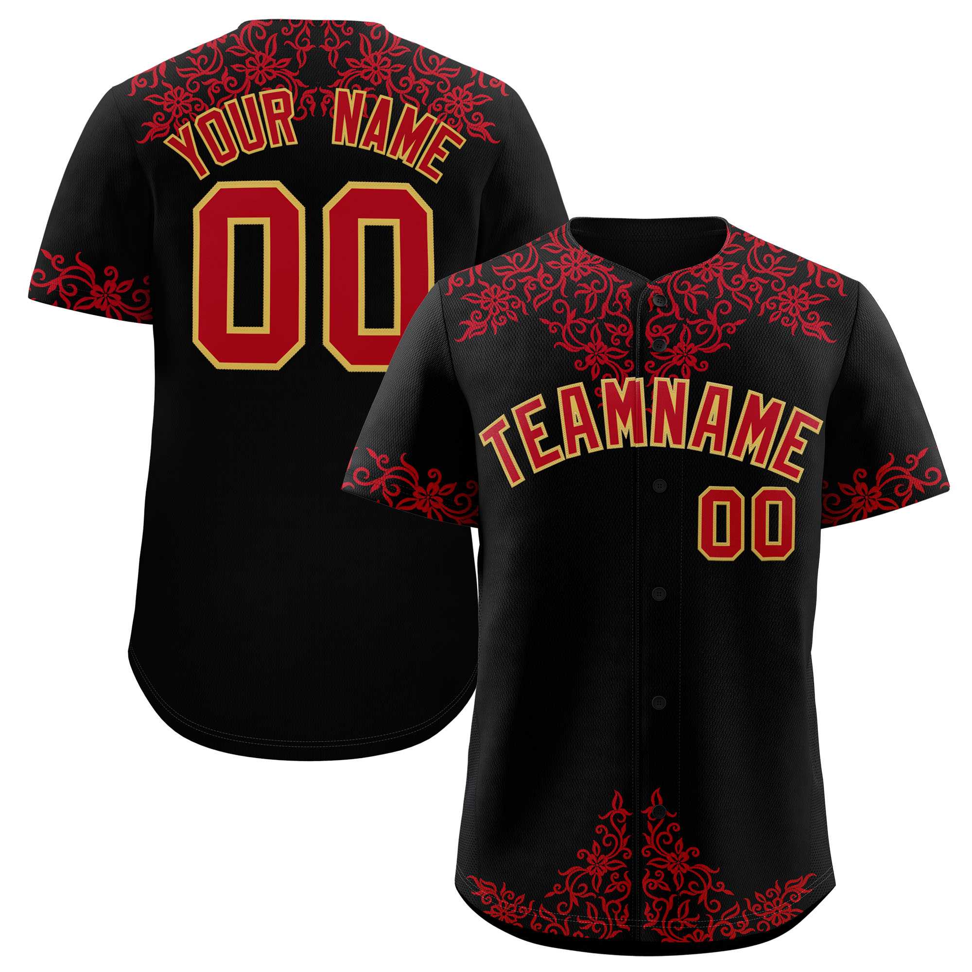 Custom Black Red Baroque Style Personalized Baseball Jersey| KXKSHOP