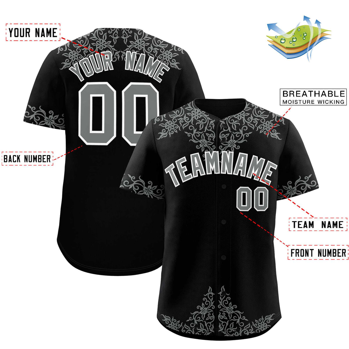 Custom Black Gray Baroque Style Personalized Baseball Jersey| KXKSHOP