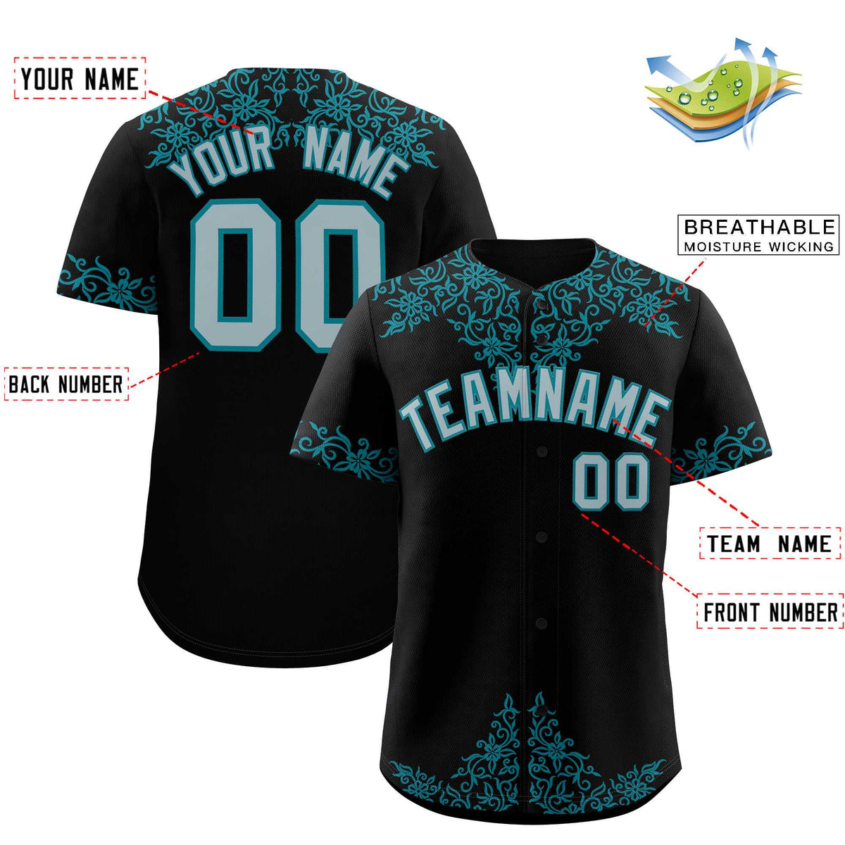 Custom Black Teal Baroque Style Personalized Baseball Jersey| KXKSHOP