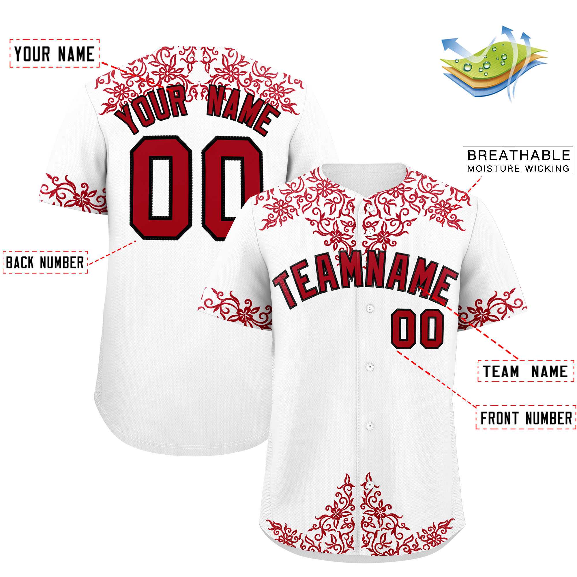 Custom White Red Baroque Style Personalized Baseball Jersey| KXKSHOP