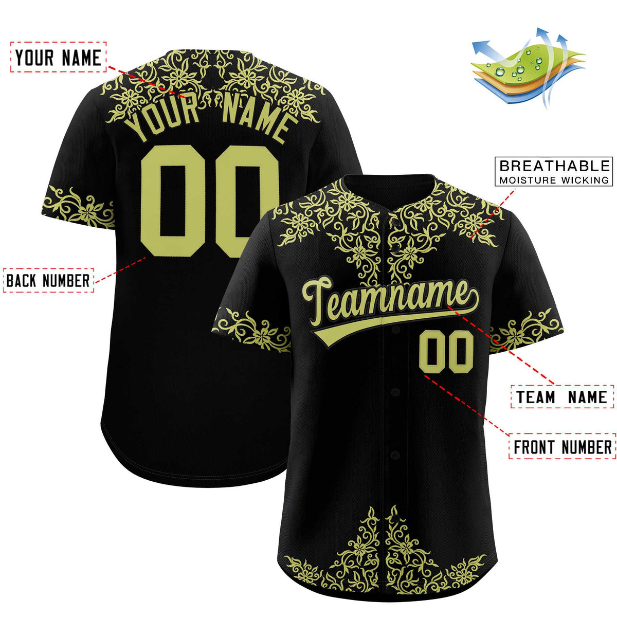 Custom Black Champagne Baroque Style Personalized Baseball Jersey| KXKSHOP