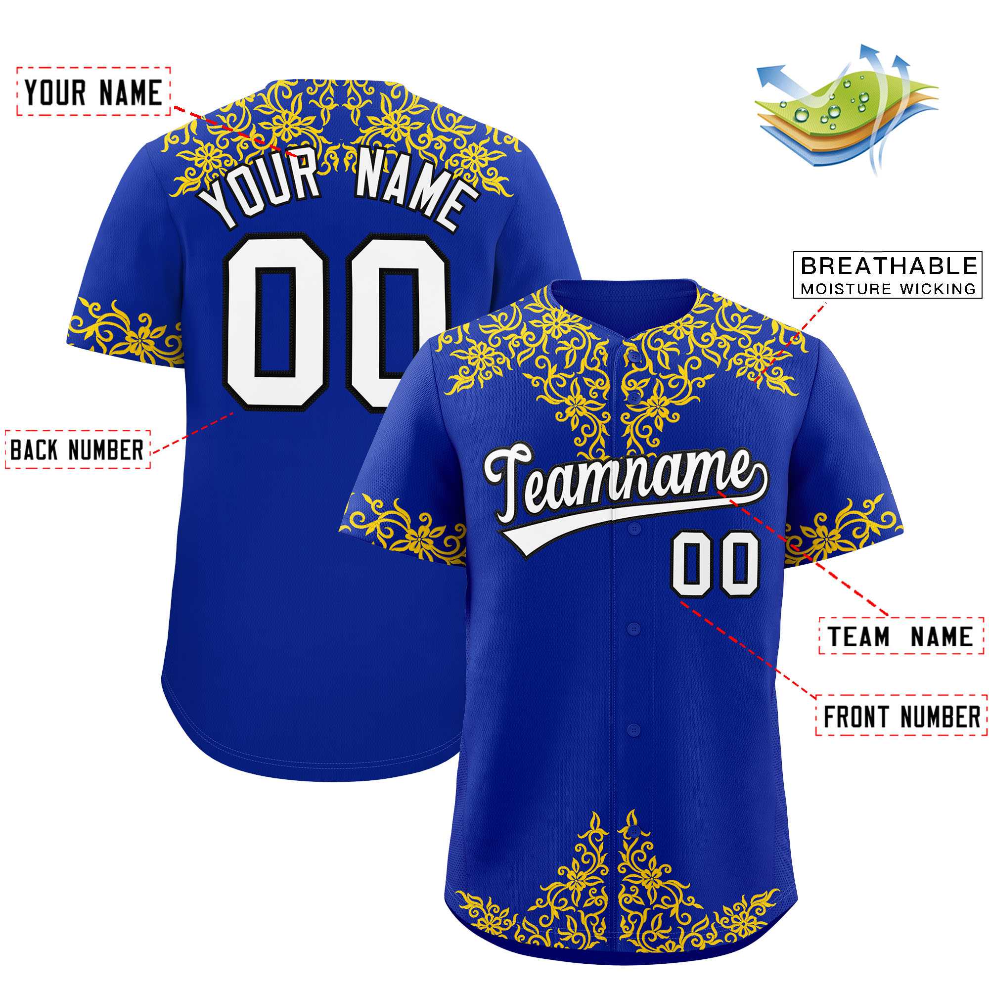 Custom Royal Gold Baroque Style Personalized Baseball Jersey| KXKSHOP