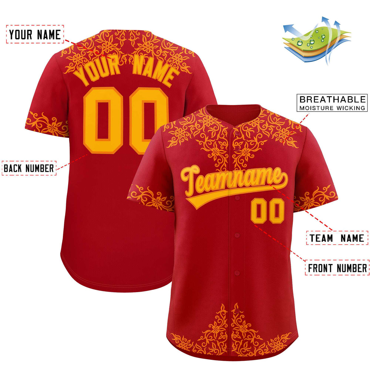 Custom Red Yellow Baroque Style Personalized Baseball Jersey| KXKSHOP