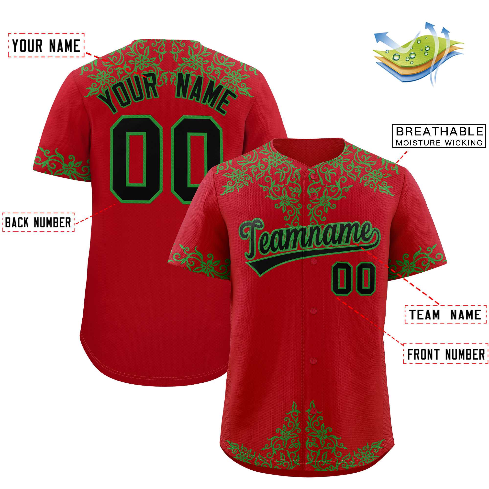 Custom Red Kelly Green Baroque Style Personalized Baseball Jersey| KXKSHOP