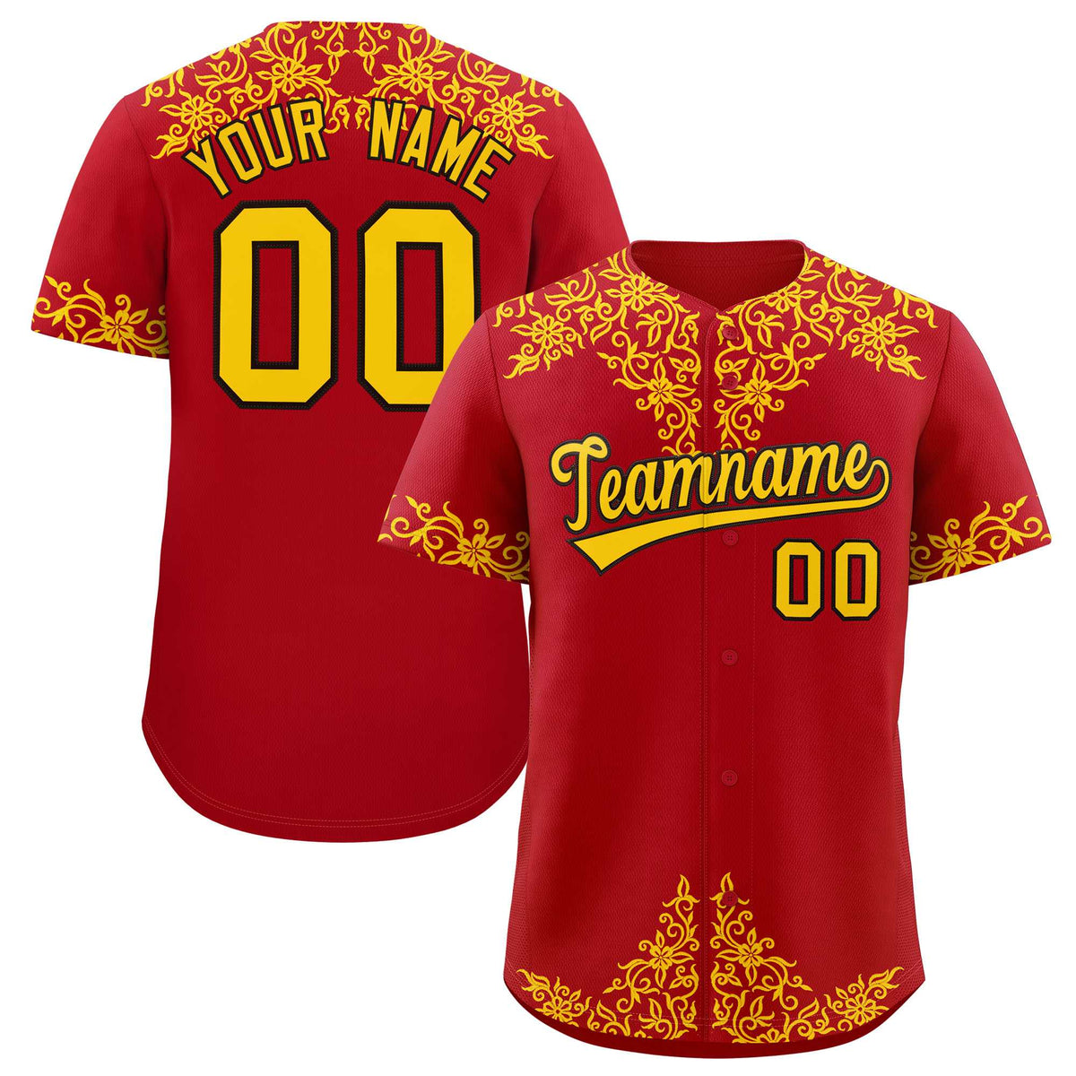 Custom Red Gold Baroque Style Personalized Baseball Jersey| KXKSHOP