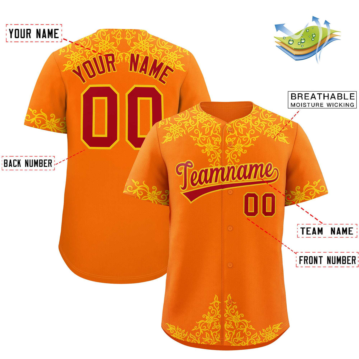 Custom Orange Gold Baroque Style Personalized Baseball Jersey| KXKSHOP