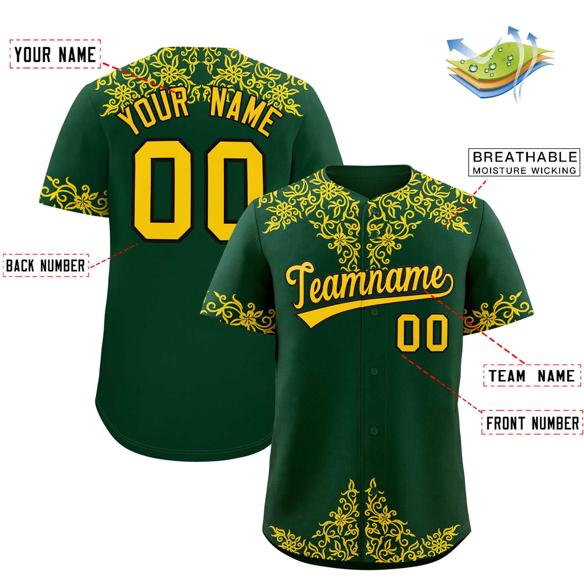 Custom Green Gold Baroque Style Personalized Baseball Jersey| KXKSHOP