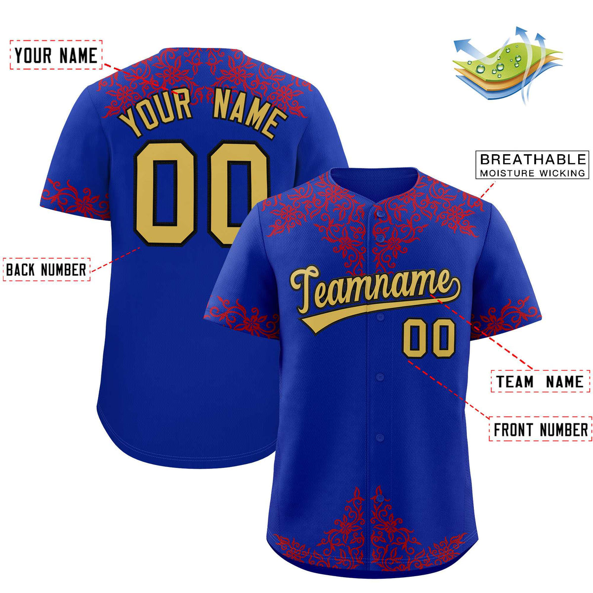 Custom Royal Red Baroque Style Personalized Baseball Jersey| KXKSHOP