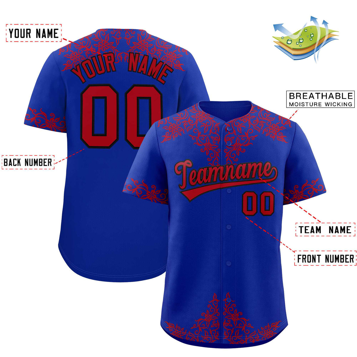Custom Royal Red Baroque Style Personalized Baseball Jersey| KXKSHOP