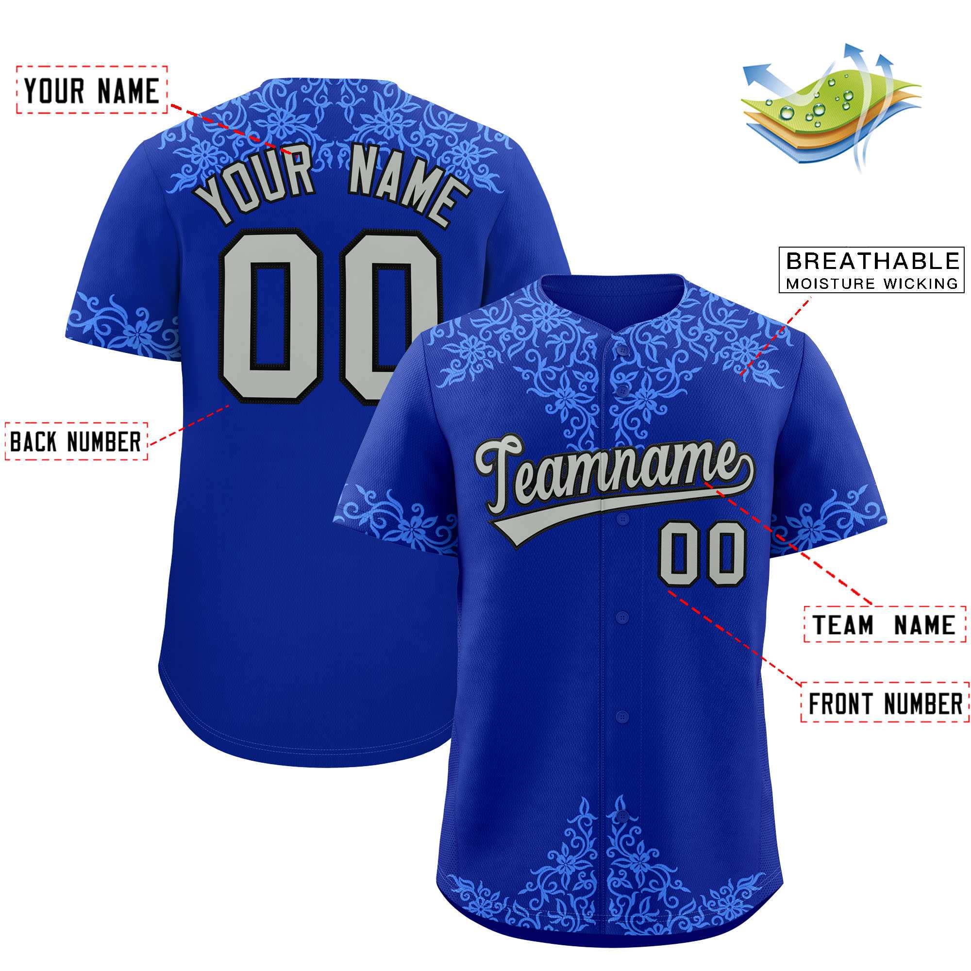 Custom Royal Powder Blue Baroque Style Personalized Baseball Jersey| KXKSHOP