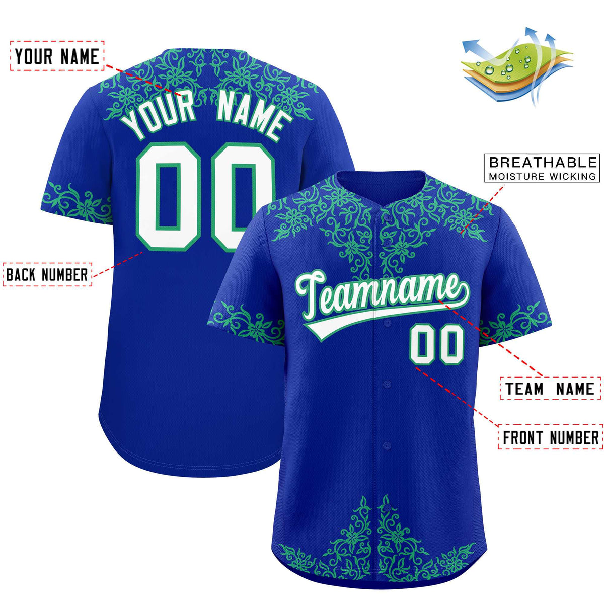 Custom Royal Bright Green Baroque Style Personalized Baseball Jersey| KXKSHOP