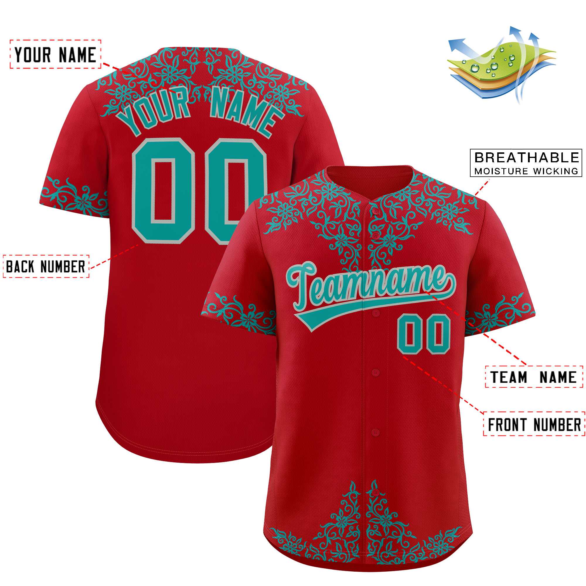 Custom Red Teal Baroque Style Personalized Baseball Jersey| KXKSHOP