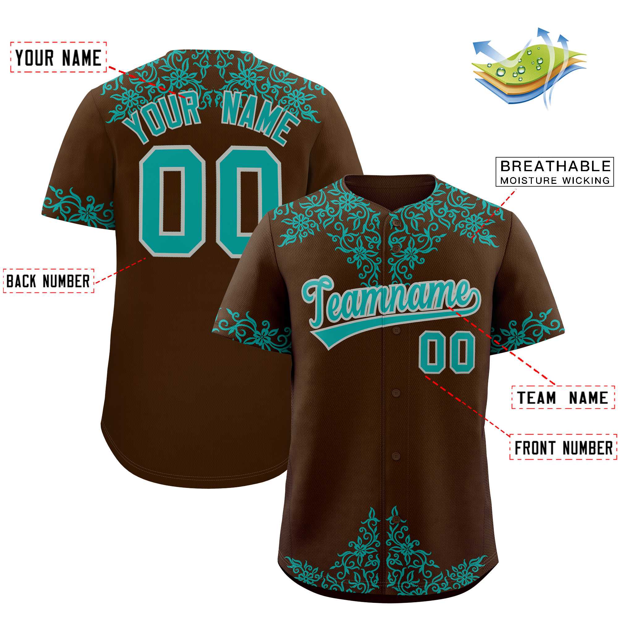Custom Brown Teal Baroque Style Personalized Baseball Jersey| KXKSHOP