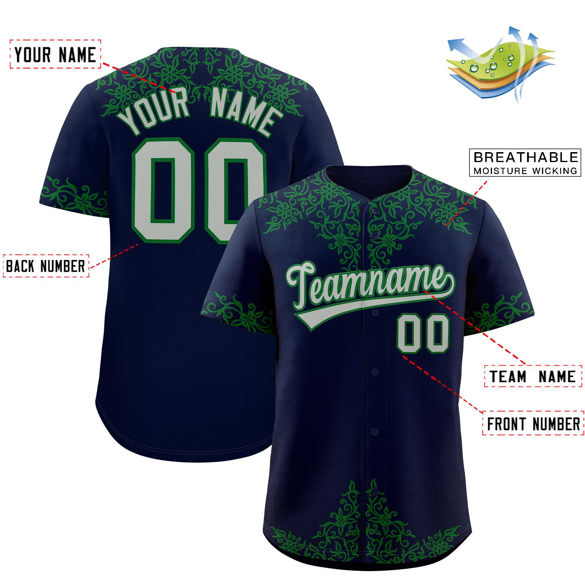 Custom Navy Kelly Green Baroque Style Personalized Baseball Jersey| KXKSHOP