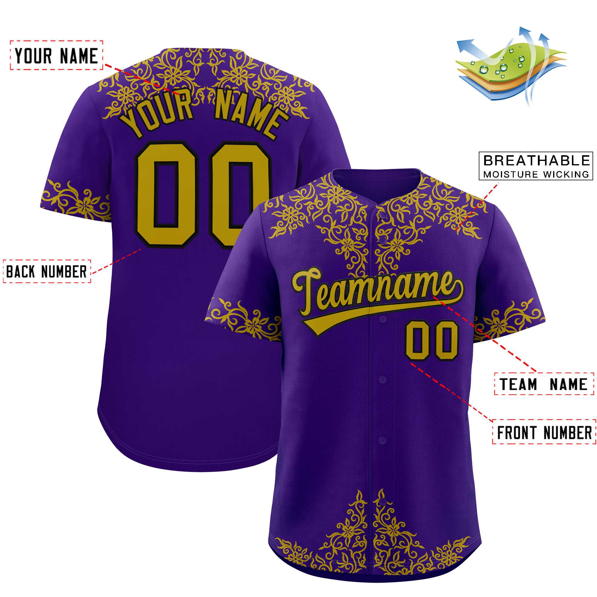 Custom Purple Old Gold Baroque Style Personalized Baseball Jersey| KXKSHOP