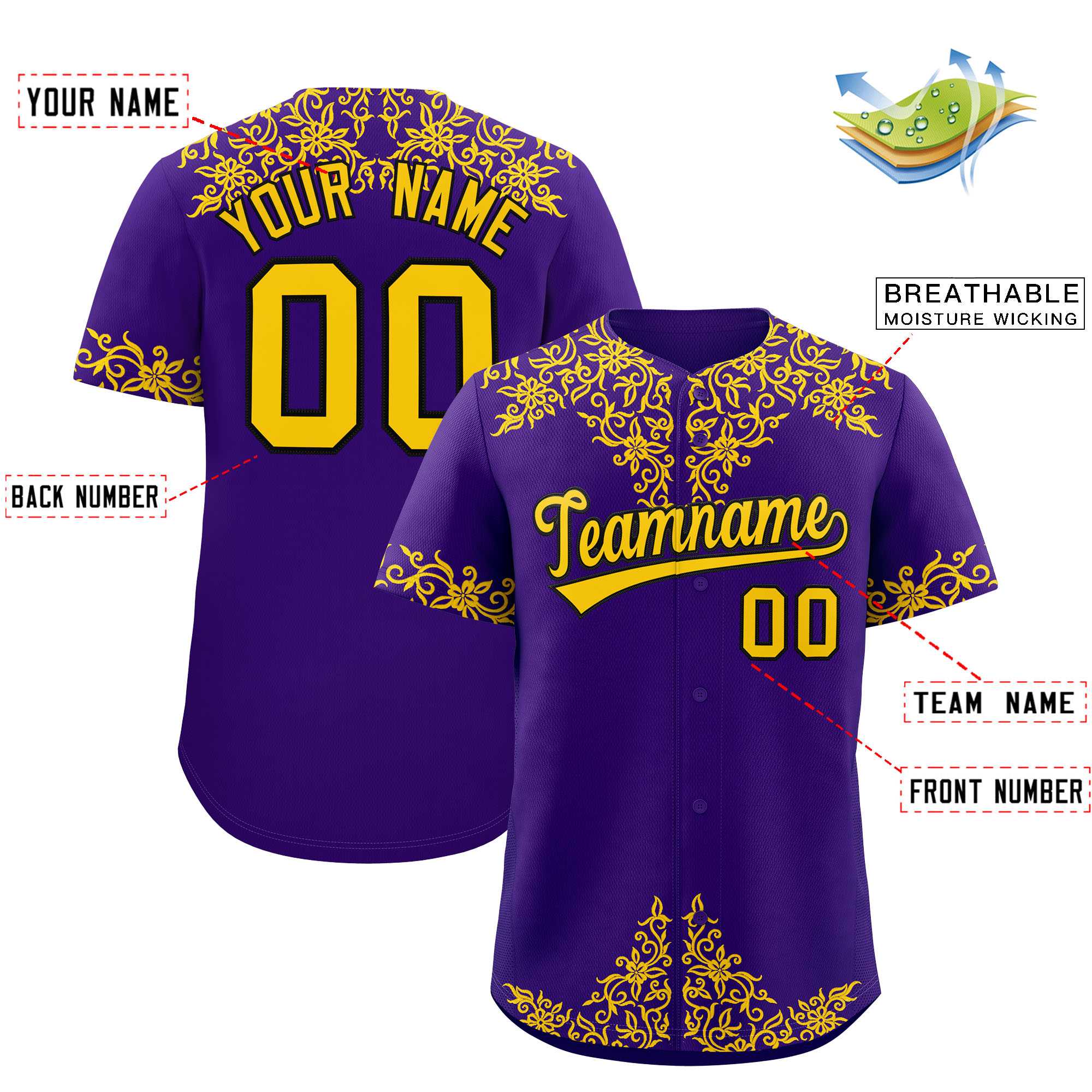 Custom Purple Gold Baroque Style Personalized Baseball Jersey| KXKSHOP