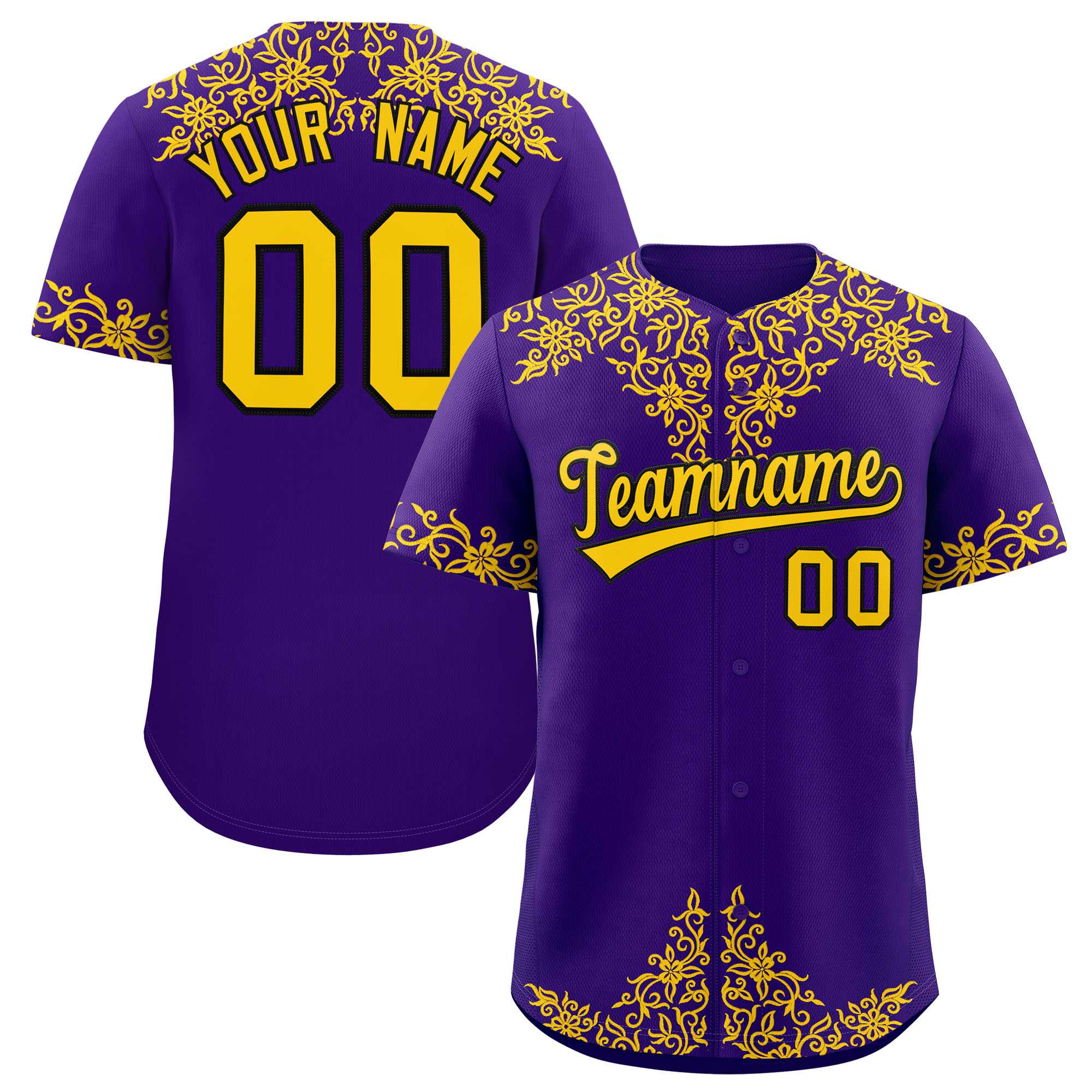 Custom Purple Gold Baroque Style Personalized Baseball Jersey| KXKSHOP