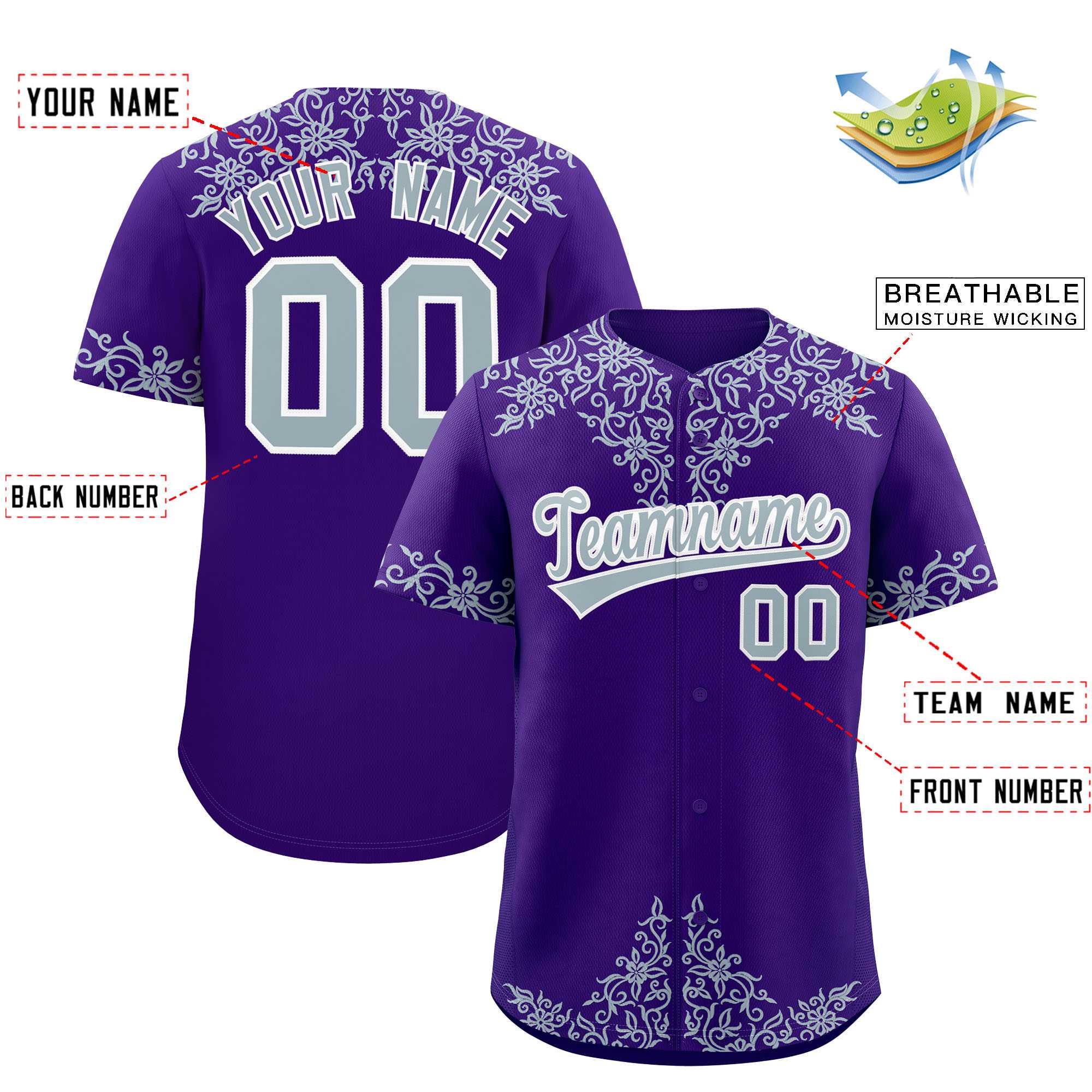 Custom Purple Silver Baroque Style Personalized Baseball Jersey| KXKSHOP