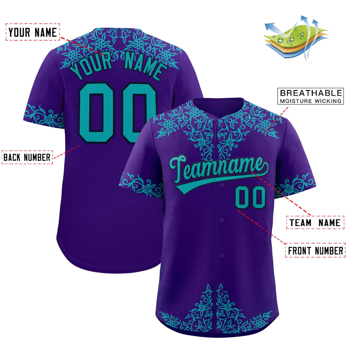Custom Purple Aqua Baroque Style Personalized Baseball Jersey| KXKSHOP
