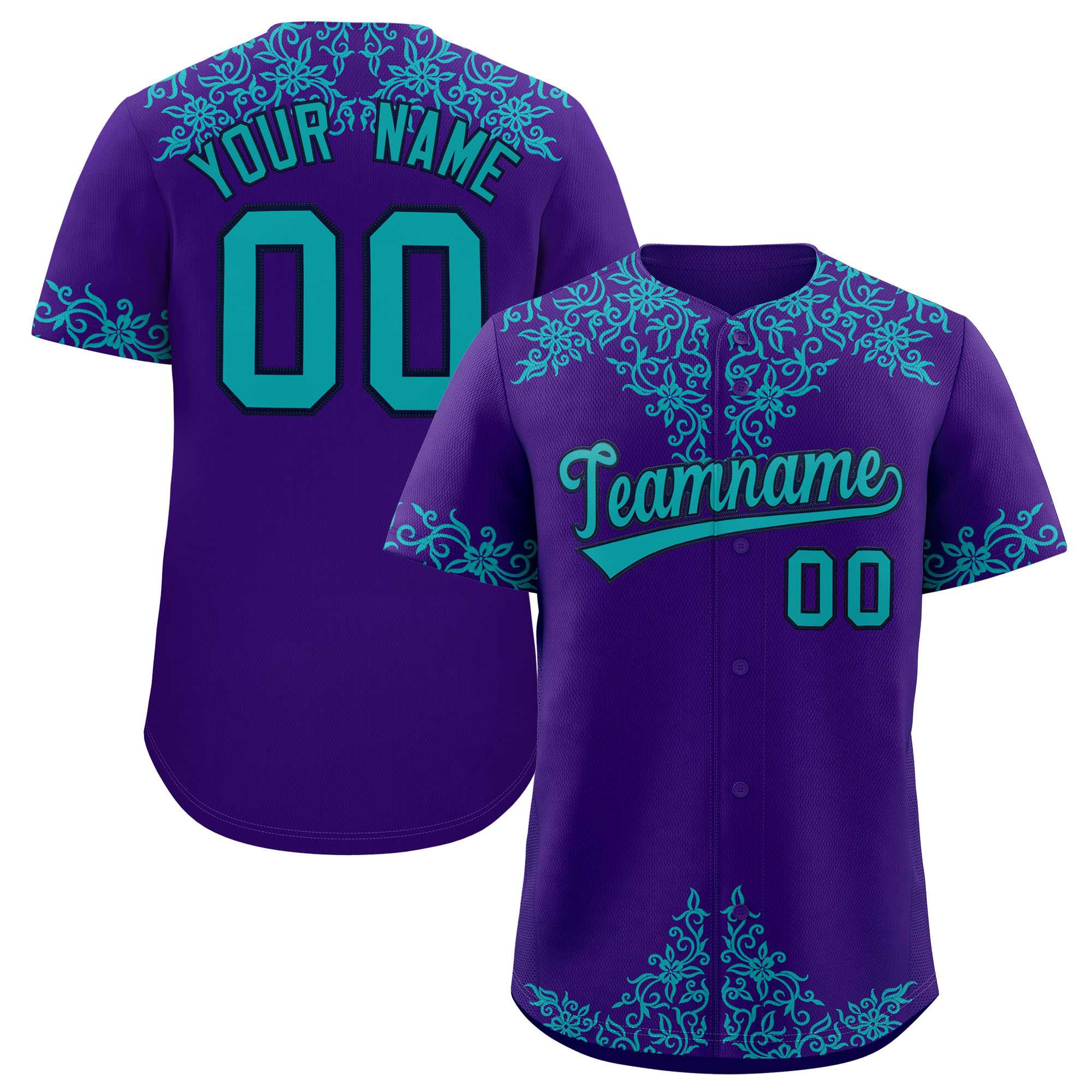 Custom Purple Aqua Baroque Style Personalized Baseball Jersey| KXKSHOP