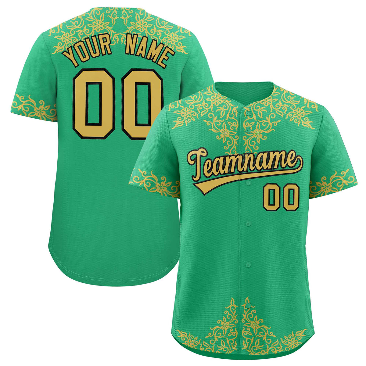 Custom Bright Green Old Gold Baroque Style Personalized Baseball Jersey| KXKSHOP