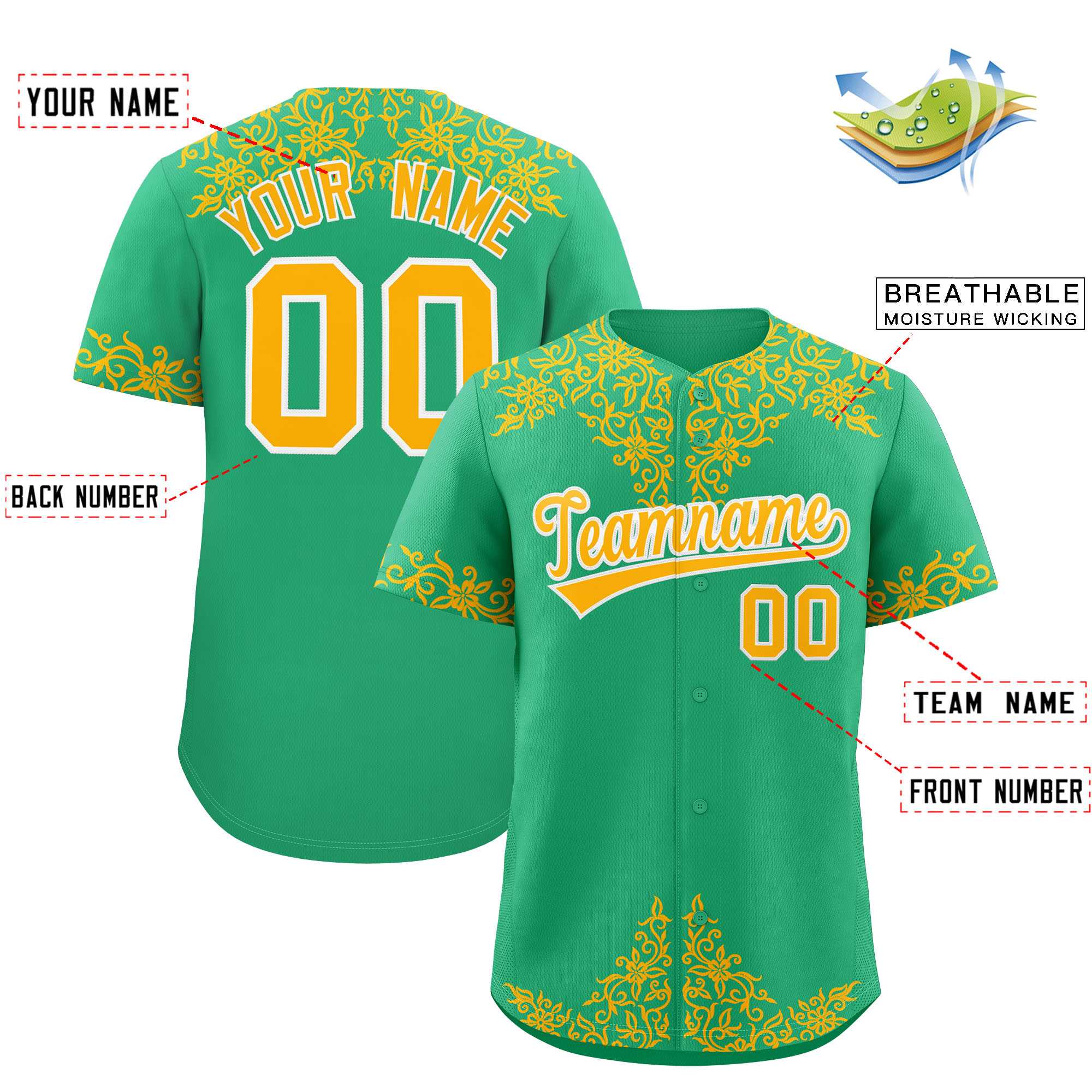 Custom Bright Green Gold Baroque Style Personalized Baseball Jersey| KXKSHOP