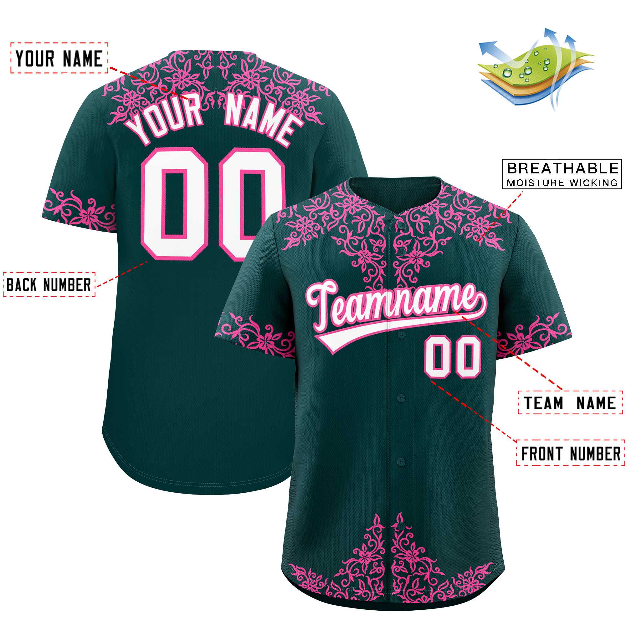 Custom Midnight Green Pink Baroque Style Personalized Baseball Jersey| KXKSHOP