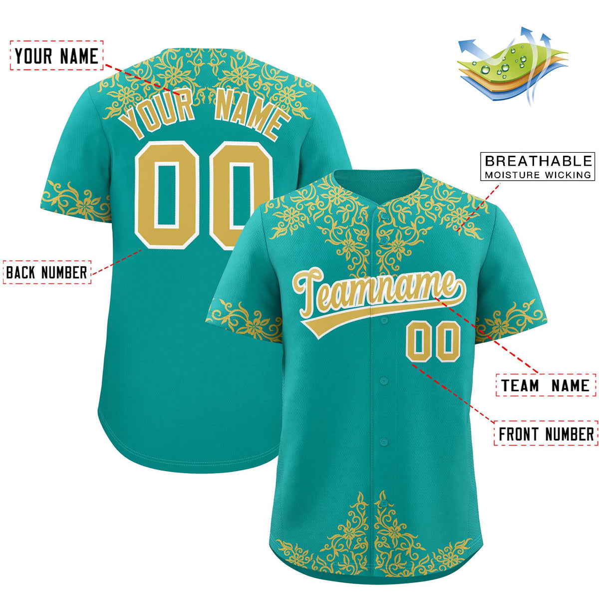 Custom Aqua Old Gold Baroque Style Personalized Baseball Jersey| KXKSHOP