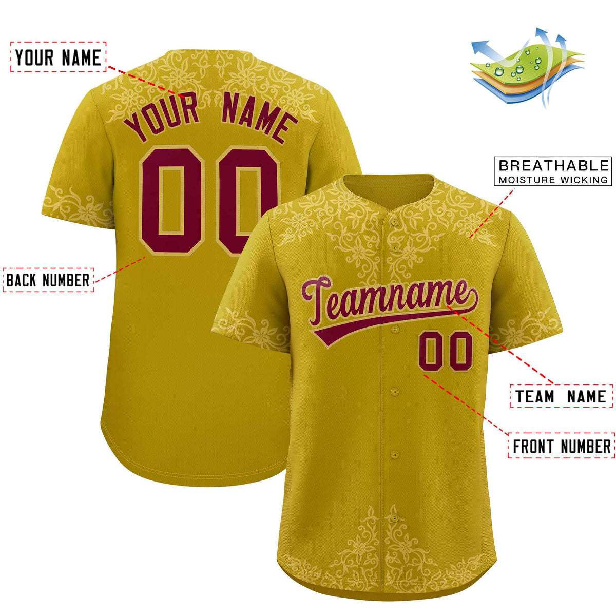 Custom Old Gold Old Gold Baroque Style Personalized Baseball Jersey| KXKSHOP