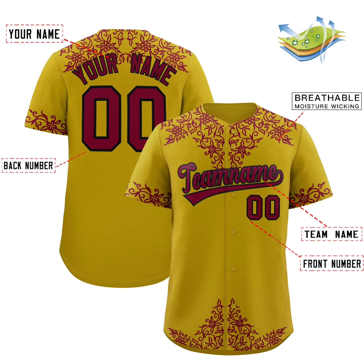 Custom Old Gold Crimson Baroque Style Personalized Baseball Jersey| KXKSHOP
