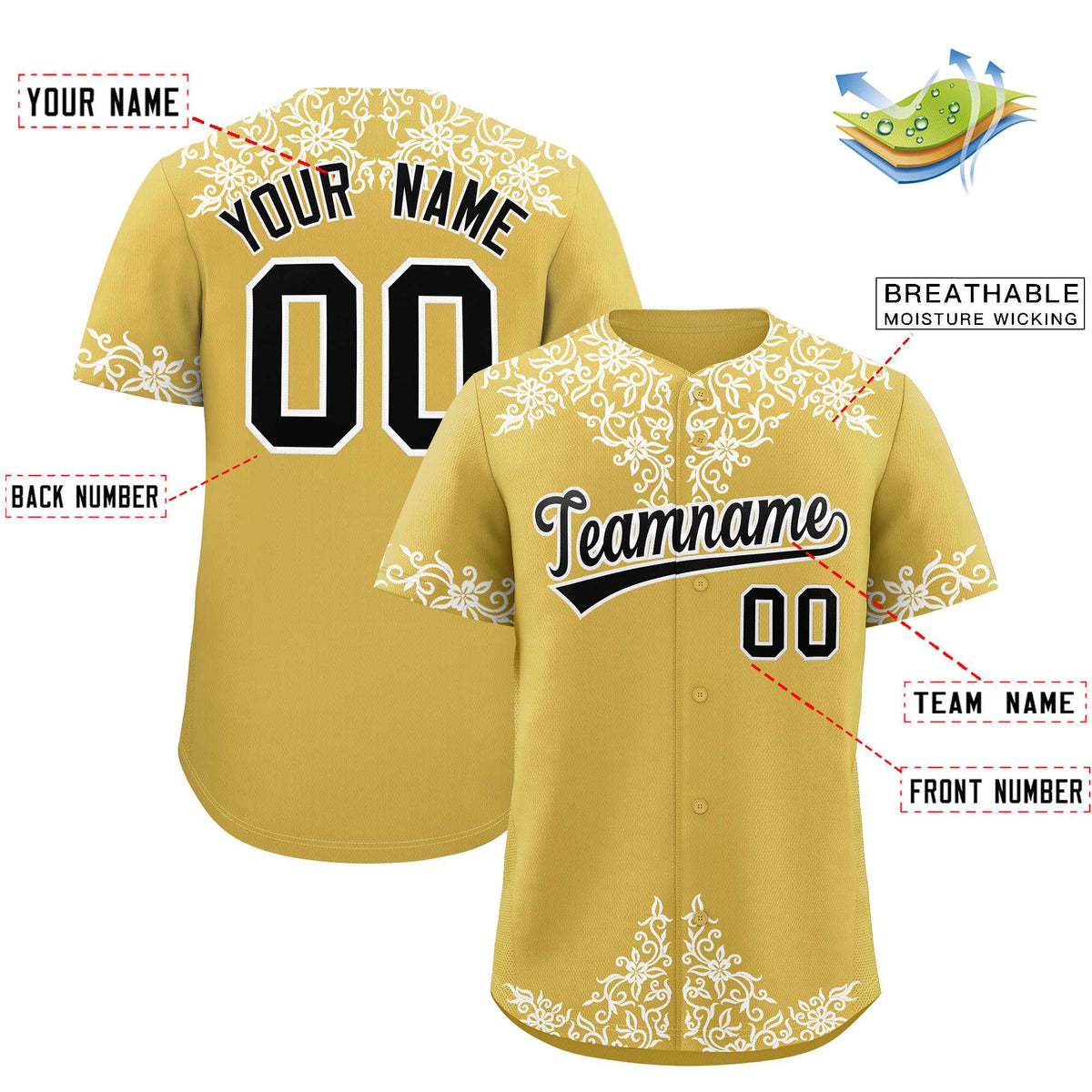 Custom Old Gold White Baroque Style Personalized Baseball Jersey| KXKSHOP